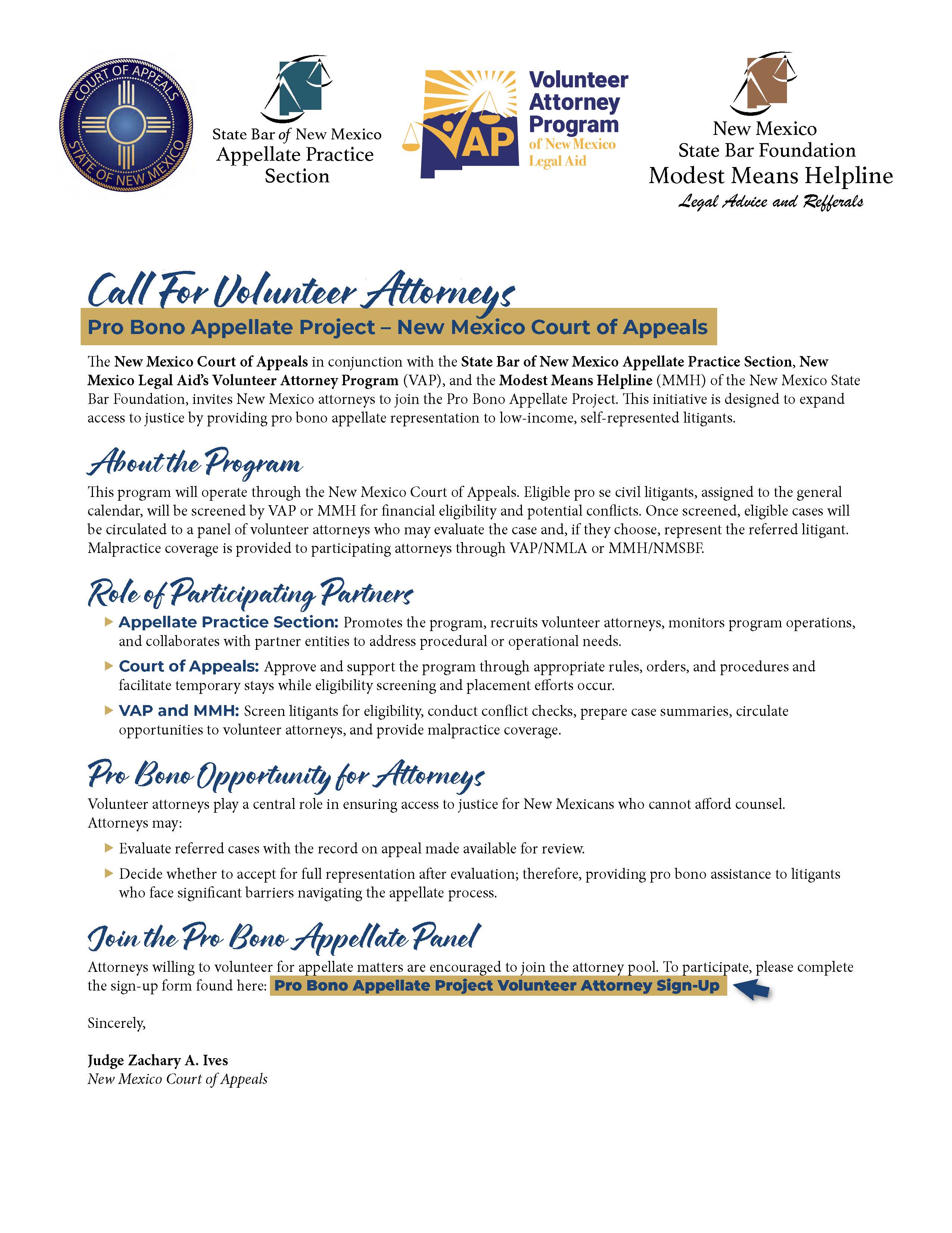 Letter from Judge Ives regarding the Pro Bono Appellate Project